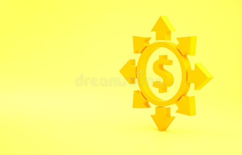 Yellow Dollar, share, network icon isolated on yellow background. Minimalism concept. 3d illustration 3D render. Yellow Dollar, share, network icon isolated on yellow background. Minimalism concept. 3d illustration 3D render.
