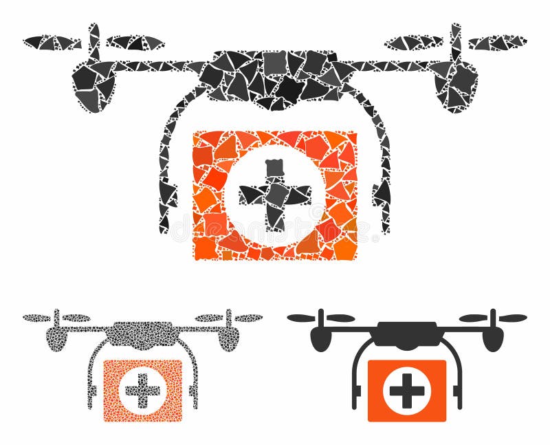 Ikona składu dronu medycznego — elementy składowe. Skład dronów medycznych w różnych rozmiarach i odcieniach barwnych, na podstawie ikony drona lekarskiego Nierówne elementy wektorowe są układane w kolażu