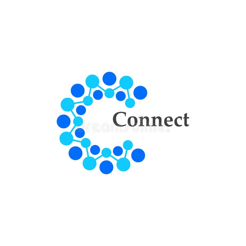 Ikona technologii połączenia. c litera z kółkiem kropkowym połączonym jako wektor logo sieciowego.