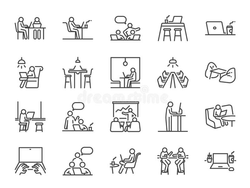 Ikonen för arbetsyterad Ikoner som medarbetare, medarbetare, delat kontor, företag, företag, arbete med mera stock illustrationer
