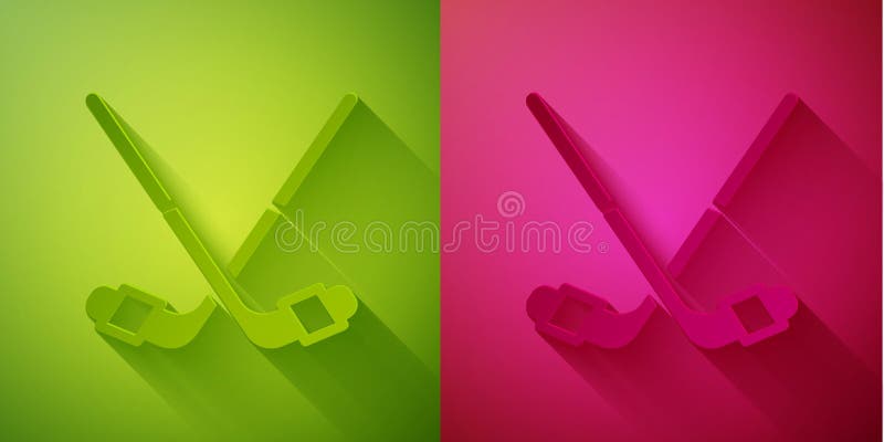 Paper cut Ice hockey sticks icon isolated on green and pink background. Paper art style. Vector. Paper cut Ice hockey sticks icon isolated on green and pink background. Paper art style. Vector