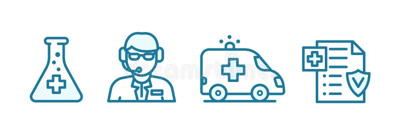 Ikonen för sjukförsäkring har angetts Onlinedoktor Ambulans Läkemedel Försäkringsdokument blå linje för konturkontur stock illustrationer