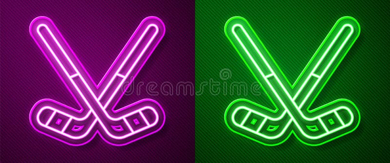 Glowing neon line Ice hockey sticks icon isolated on purple and green background. Vector. Glowing neon line Ice hockey sticks icon isolated on purple and green background. Vector.