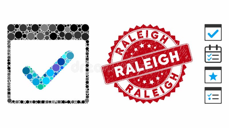 Mosaic valid day calendar page icon and rubber stamp seal with Raleigh phrase. Mosaic vector is created with valid day calendar page icon and with randomized round items. Raleigh seal uses red color,. Mosaic valid day calendar page icon and rubber stamp seal with Raleigh phrase. Mosaic vector is created with valid day calendar page icon and with randomized round items. Raleigh seal uses red color,