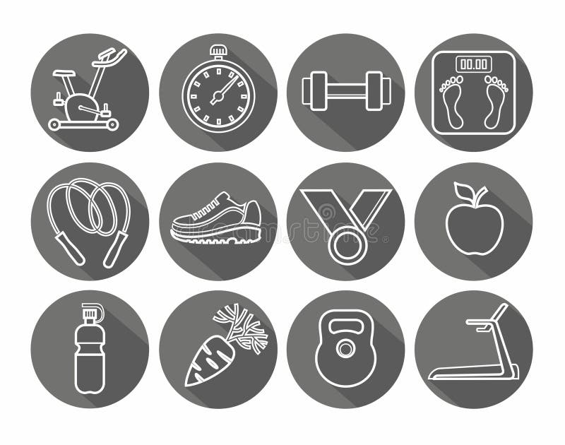 Signs with images of sports equipment and attributes of a healthy lifestyle. White outline on a grey background. For websites, print and infographics. Signs with images of sports equipment and attributes of a healthy lifestyle. White outline on a grey background. For websites, print and infographics.