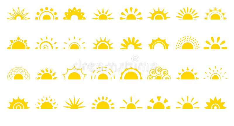 Ikonenlogosonnenaufgangsommernetz-Vektorsatz der Sonne flacher