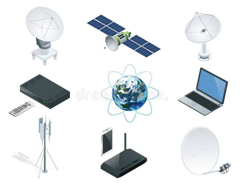 Ikonentürme der isometrischen drahtlosen Technologie und der globalen Kommunikation Satelliten vektor abbildung Ikonentürme der isometrischen drahtlosen Technologie und der globalen Kommunikation Satelliten vektor abbildung