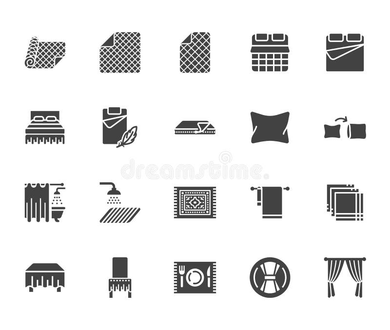 Linen flat glyph icons set. Bedroom textile blanket, bed mattress cover, pillow pillowcase, handkerchief, towel vector illustrations. Signs for interior store. Silhouette pictogram pixel perfect 64x64. Linen flat glyph icons set. Bedroom textile blanket, bed mattress cover, pillow pillowcase, handkerchief, towel vector illustrations. Signs for interior store. Silhouette pictogram pixel perfect 64x64