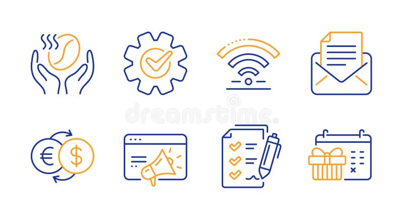 Ikoner för marknadsföring av Cogjul, brevkorrespondens och Seo har ställts in Valutaväxling, kaffeskyltar och Wifi-tecken Vector vektor illustrationer