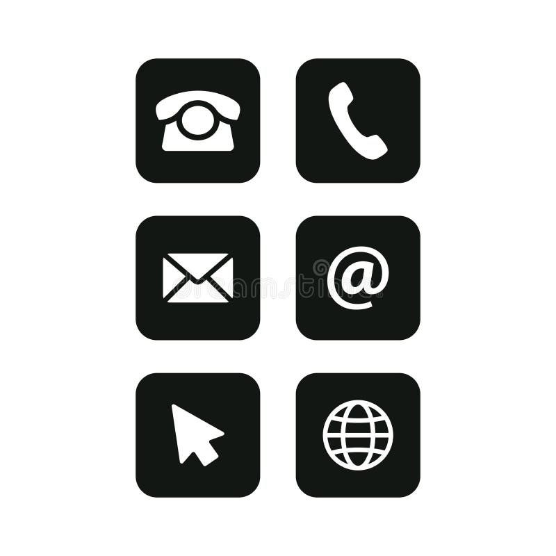 Contact square buttons black vector icons. Phone, website and email symbols. Contact square buttons black vector icons. Phone, website and email symbols.