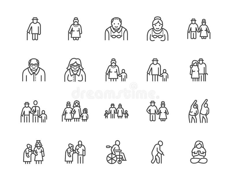 Elder people care flat line icons set. Senior couple, nursing home, happy old man exercising, patient support vector illustrations. Outline signs older citizens. Pixel perfect 64x64. Editable Strokes. Elder people care flat line icons set. Senior couple, nursing home, happy old man exercising, patient support vector illustrations. Outline signs older citizens. Pixel perfect 64x64. Editable Strokes.