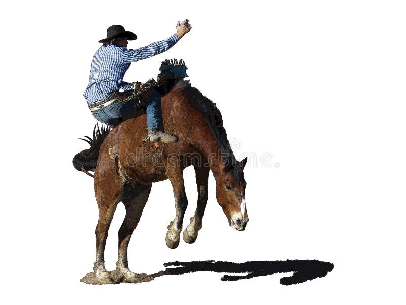 Computer illustration of an outlined cowboy falling off a horse on a white rectangular background. Computer illustration of an outlined cowboy falling off a horse on a white rectangular background