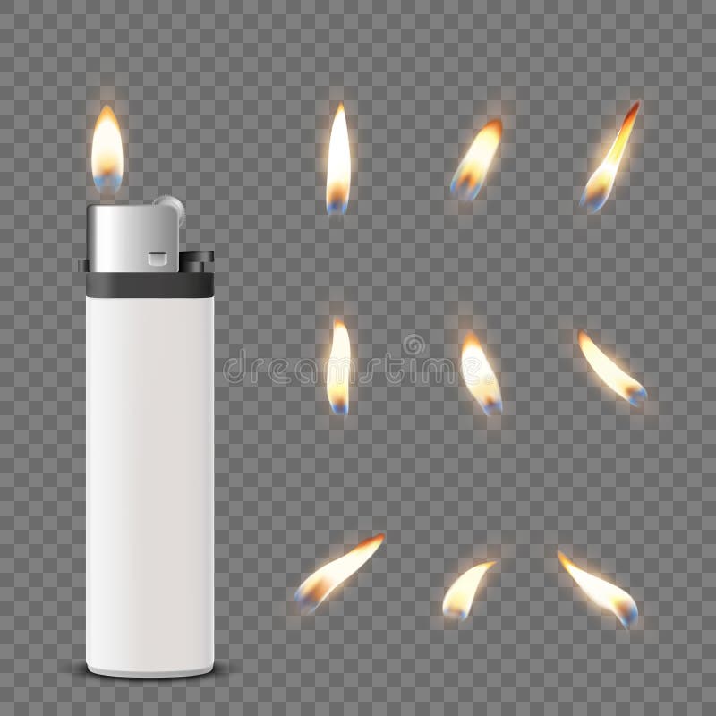 Ikonstängning av vektor 3d Realistisk vit, tom, tom cigarett Ljusare på genomskinlig bakgrund med flamuppsättning Design stock illustrationer
