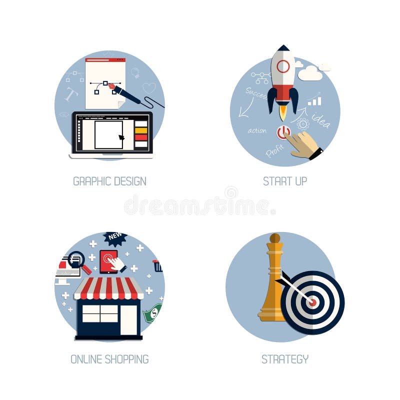 Icons for graphic design, start up, online shopping and strategy. Flat style. Vector. Icons for graphic design, start up, online shopping and strategy. Flat style. Vector