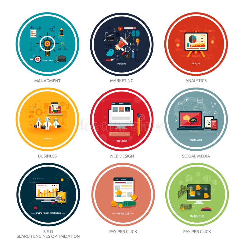 Icons for web design, seo, social media and pay per click internet advertising in flat design. Icons for web design, seo, social media and pay per click internet advertising in flat design