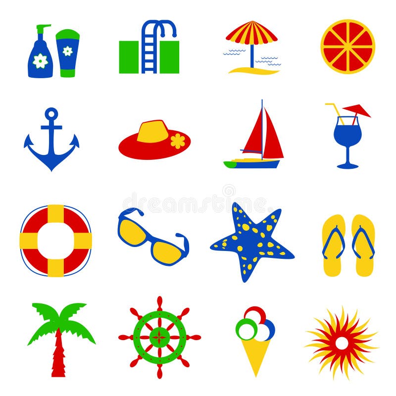 Colorful summer icons - red, gree, yellow and blue. Colorful summer icons - red, gree, yellow and blue