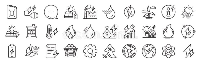 Ikony linii typów energii. Panele słoneczne wózka węglowego Ikony zasilania hydroelektrycznego. Wektor zrównoważonej energii elekt ilustracji