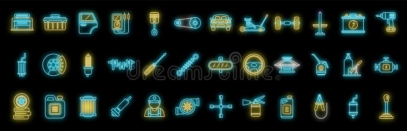 Ikony mechanika samochodowego neon set vector ilustracji