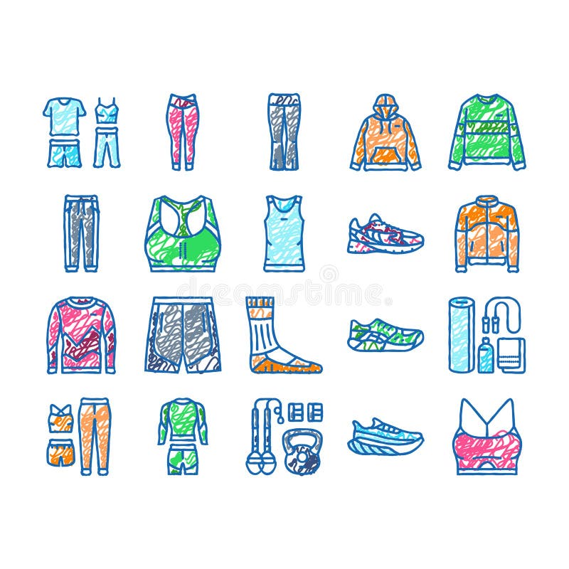 Ikony mody odzieży sportowej narysowane ręcznie ilustracja wektor