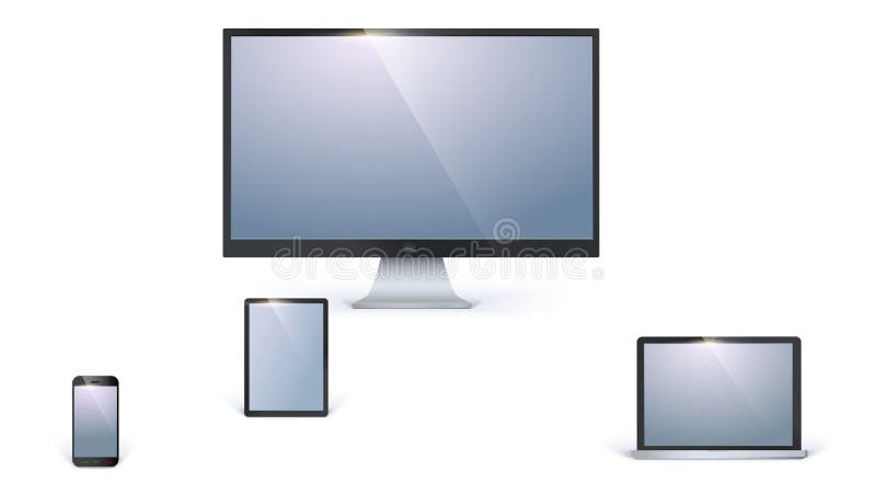 Icons of blank electronic devices with white screens isolated on white background. Desktop computer monitor,opened laptop, tablet and mobile smart phone. Icons of blank electronic devices with white screens isolated on white background. Desktop computer monitor,opened laptop, tablet and mobile smart phone.