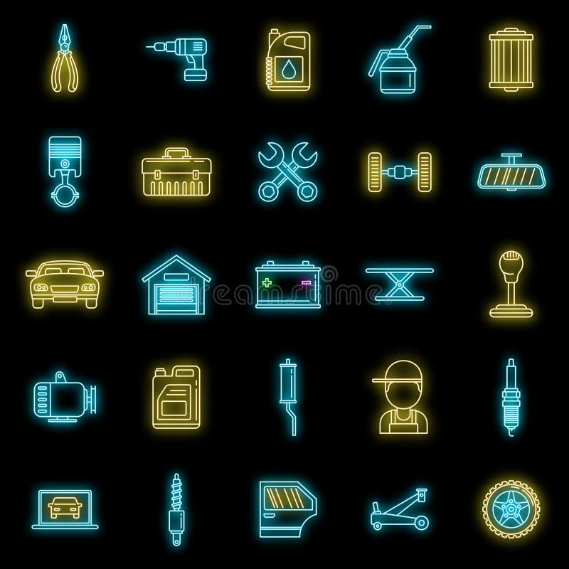 Ikony robocizny automatycznego mechanika ustawiające wektor neon ilustracja wektor