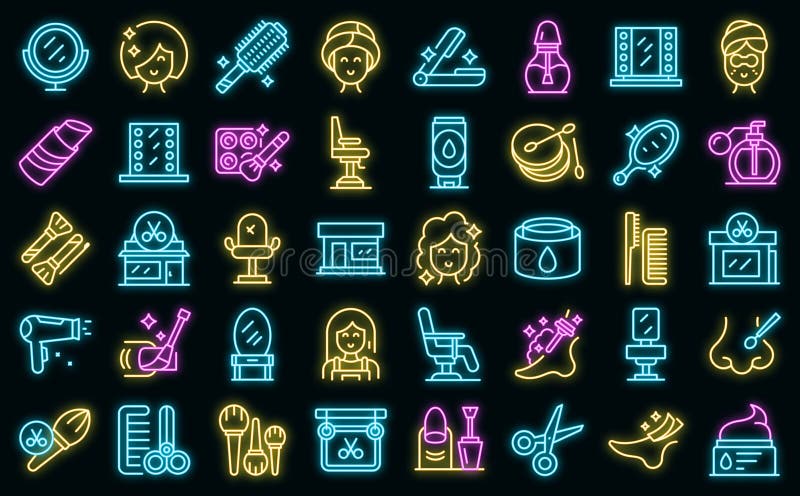 Ikony salonu piękności ustawiają wektor neon. makijaż artysty. pielęgnacja piękna.