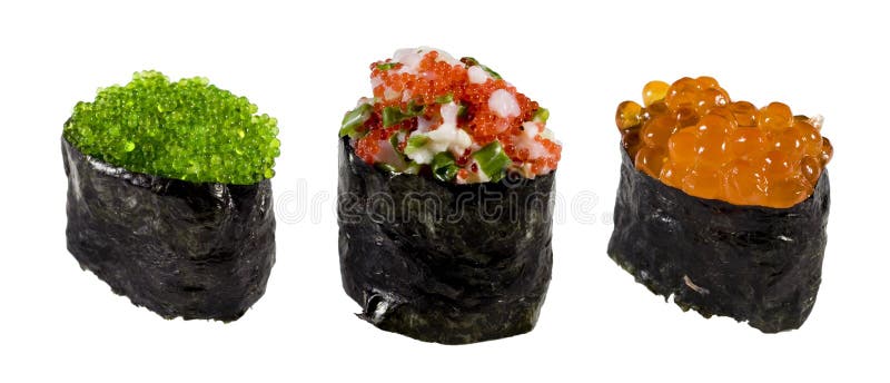 Ikura (red caviar), tobiko (flying fish caviar). Felix sushi with scallops isolated on white background royalty free stock images Ikura (red caviar), tobiko (flying fish caviar). Felix sushi with scallops isolated on white background royalty free stock images