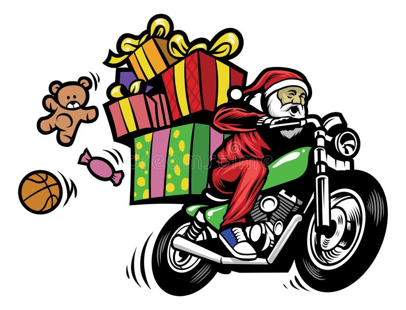 Il Babbo Natale che consegna il regalo di natale guidando un motociclo illustrazione vettoriale Il Babbo Natale che consegna il regalo di natale guidando un motociclo illustrazione vettoriale