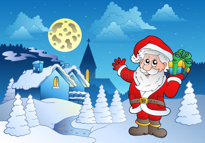 Il Babbo Natale vicino al piccolo villaggio 1 royalty illustrazione gratis Il Babbo Natale vicino al piccolo villaggio 1 royalty illustrazione gratis