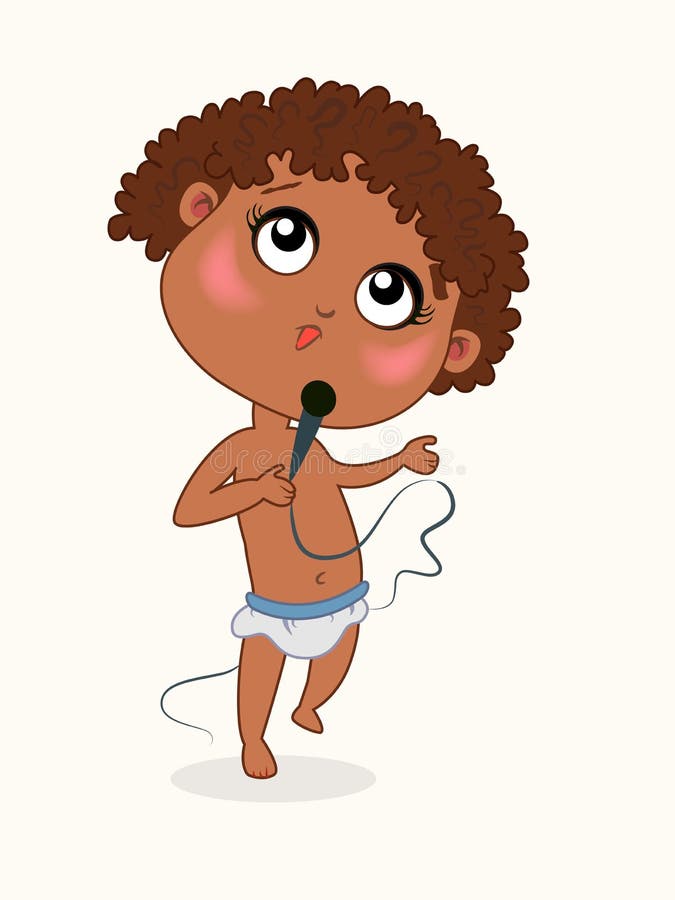 Il bambino africano sta con il microfono e canta illustrazione di stock Il bambino africano sta con il microfono e canta illustrazione di stock