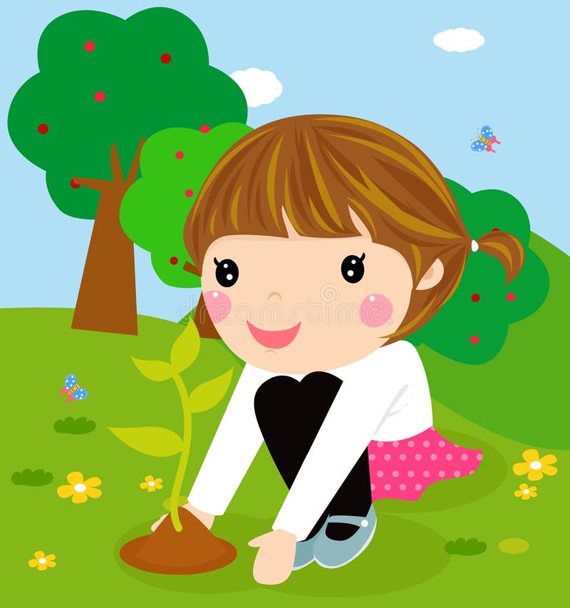 Il bambino felice sta piantando le piccole piante royalty illustrazione gratis Il bambino felice sta piantando le piccole piante royalty illustrazione gratis