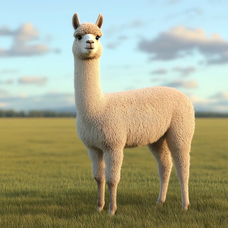 Il Beige Alpaca in un campo verde sotto il cielo di sole. Fluffy Beige Alpaca in un campo verde sotto una Sunny Sky Generative AI