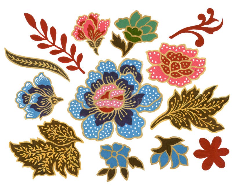 Il bello del malese di arte del fiore e della gouache indonesiana dell'acquerello degli elementi dei sarong del batik su fondo bi