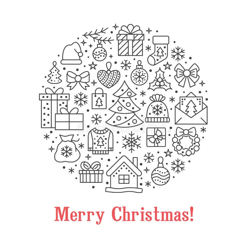 Il Buon Natale circonda l'illustrazione dell'insegna con la linea piana icone Pino della cartolina d'auguri del nuovo anno, prese illustrazione vettoriale Il Buon Natale circonda l'illustrazione dell'insegna con la linea piana icone Pino della cartolina d'auguri del nuovo anno, prese illustrazione vettoriale