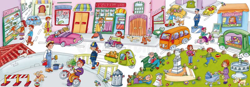 Il business Park, i bambini e gli animali multipli della città, con la città obietta illustrazione di stock Il business Park, i bambini e gli animali multipli della città, con la città obietta illustrazione di stock