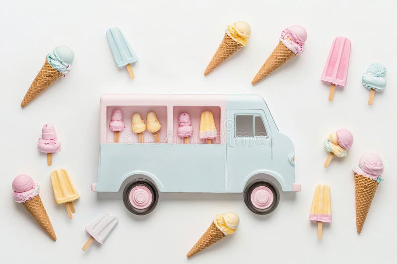 Il camioncino di gelati dai colori vivaci presenta coni deliziosi e ghiaccioli disposti in modo giocoso in un piatto. Perfetta per immagini stock libere da diritti