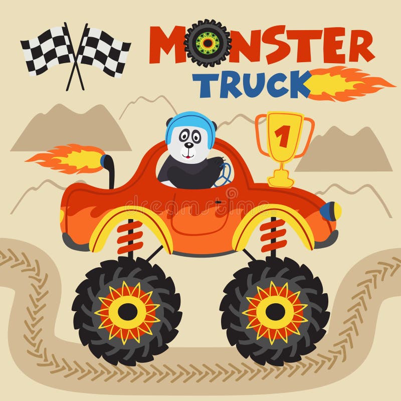Il campione del panda sta guidando il camion di mostro illustrazione di stock Il campione del panda sta guidando il camion di mostro illustrazione di stock