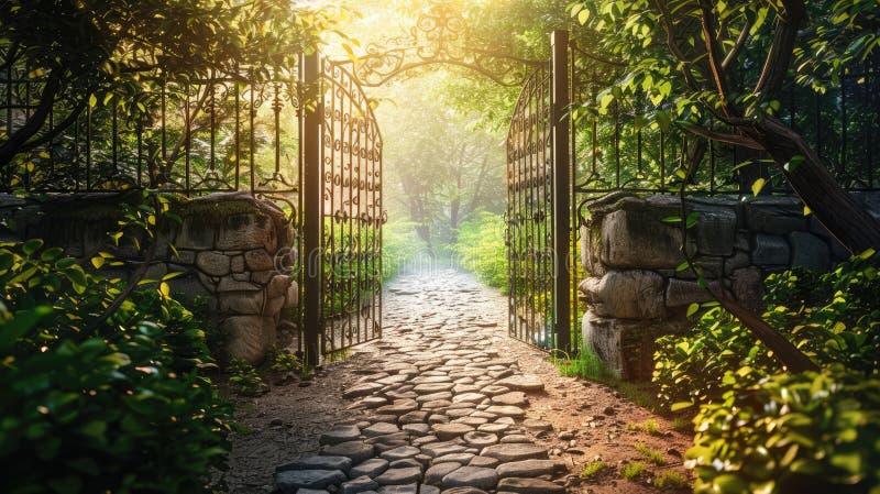 Vintage iron gate opens to a stone path leading to solitude in a secret garden. Private retreats. AI generated. Vintage iron gate opens to a stone path leading to solitude in a secret garden. Private retreats. AI generated