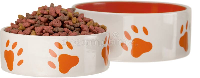 Il cane asciutto tratta in ciotola isolata su briciolo fotografia stock libera da diritti Il cane asciutto tratta in ciotola isolata su briciolo fotografia stock libera da diritti