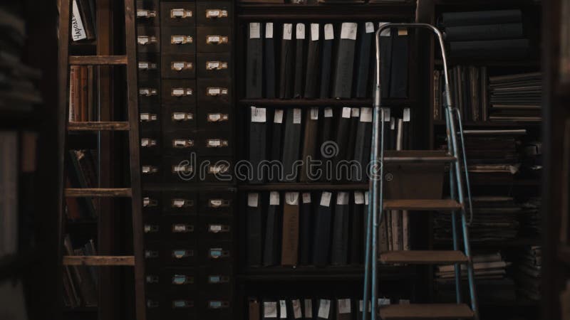 Il carrello ha sparato l'interno di vecchi scaffali per libri delle biblioteche con le cartelle documenti