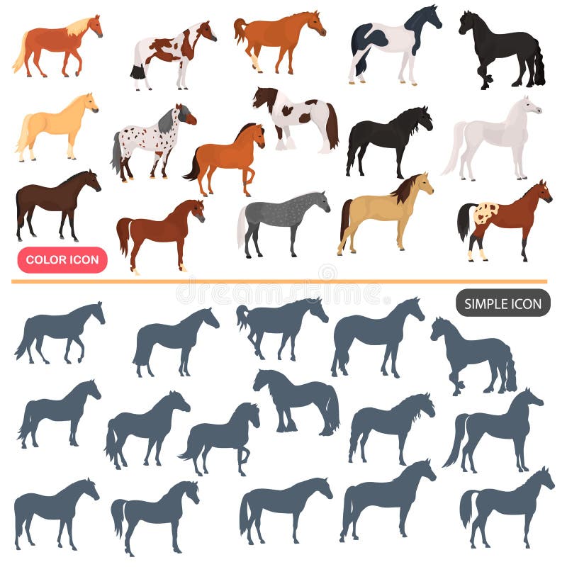 Horse breeds color flat icons set. Horse black silhoutte simple icons. Horse breeds color flat icons set. Horse black silhoutte simple icons