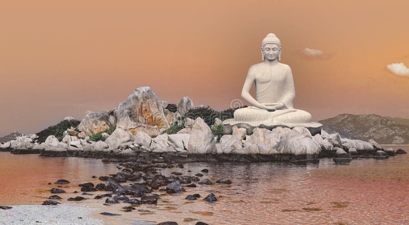 Il cielo arancione e l'oceano sono rocce sulla statua di Buddha. splendido paesaggio isola sole tramonta il tempo su carta da para