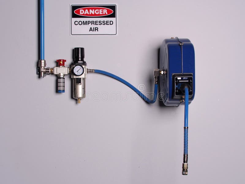 Fixed color coded compressed air line with pressure regulator, scale and flexibly hose reel, wall mounted, Melbourne 2015. Fixed color coded compressed air line with pressure regulator, scale and flexibly hose reel, wall mounted, Melbourne 2015