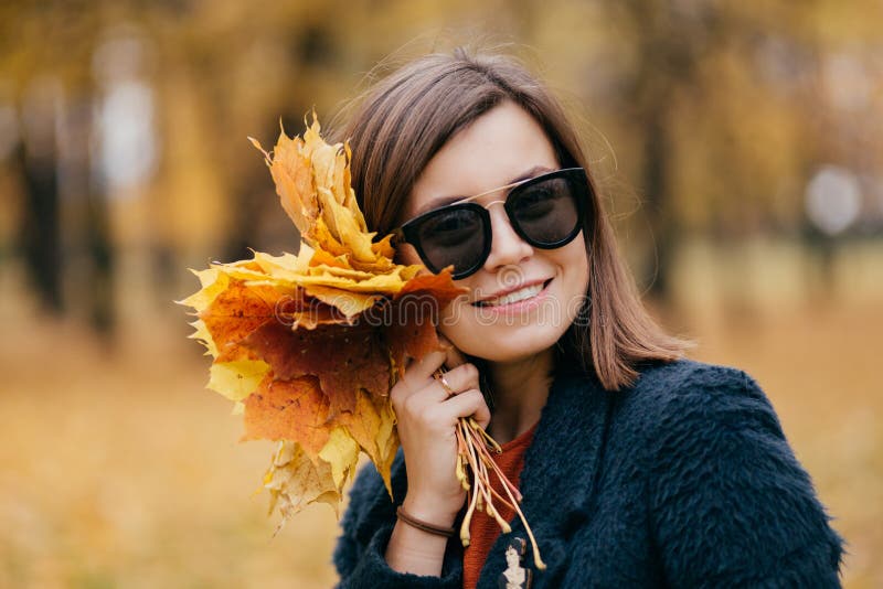 Il colpo all'aperto di bella giovane donna castana indossa gli occhiali da sole, porta le foglie gialle, ha sorriso affascinante, immagine stock Il colpo all'aperto di bella giovane donna castana indossa gli occhiali da sole, porta le foglie gialle, ha sorriso affascinante, immagine stock