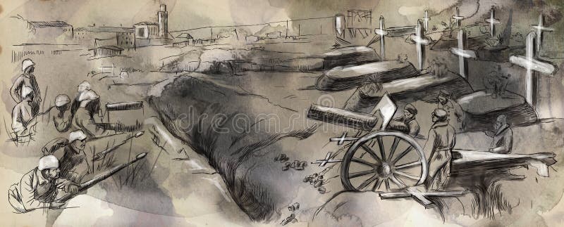 Vintage picture from the series: World between 1905-1949. The fighting in the trenches. An hand drawn and colored full sized illustration. Vintage picture from the series: World between 1905-1949. The fighting in the trenches. An hand drawn and colored full sized illustration.