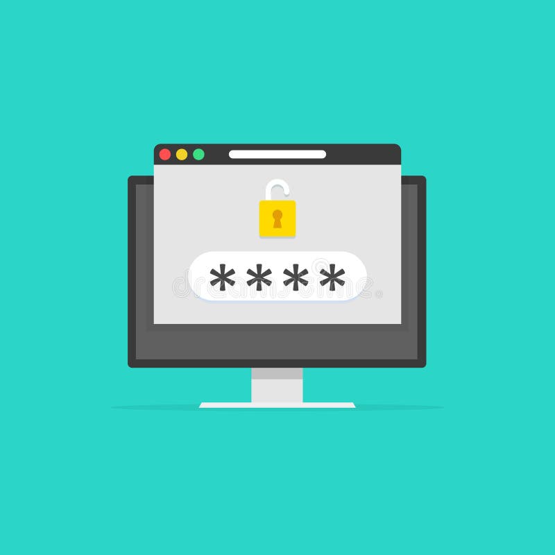 Il computer con la finestra di browser ha sbloccato la notifica della bolla di parola d'ordine, lo schermo del pc con la serratur illustrazione di stock
