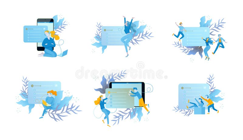Il concetto di ascolto scorrente radiofonico online di Internet, la gente si rilassa per ascoltare ballo Applicazioni di musica, illustrazione vettoriale Il concetto di ascolto scorrente radiofonico online di Internet, la gente si rilassa per ascoltare ballo Applicazioni di musica, illustrazione vettoriale