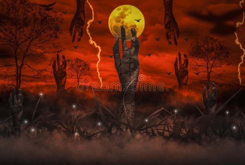 Il concetto di orrore di notte di Halloween, con la mano resuscitata dello zombie che emerge dall'inferno, luna sta galleggiando illustrazione vettoriale Il concetto di orrore di notte di Halloween, con la mano resuscitata dello zombie che emerge dall'inferno, luna sta galleggiando illustrazione vettoriale