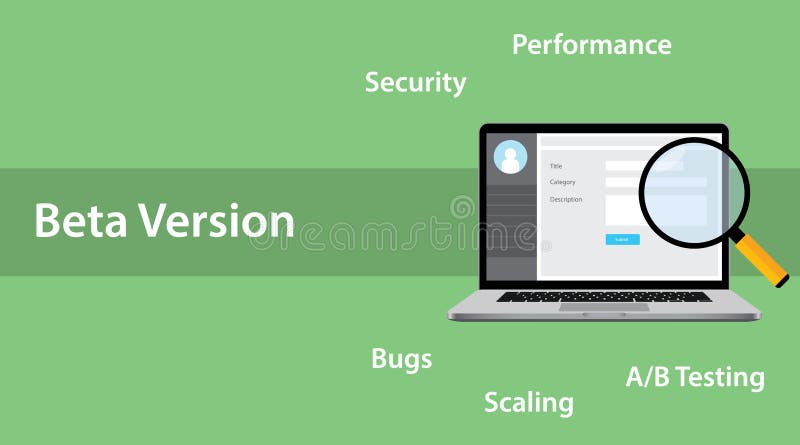 Il concetto di software della versione beta con l'errore della lente d'ingrandimento e del computer portatile ostacola royalty illustrazione gratis