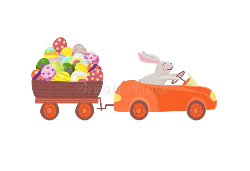 Il coniglietto divertente che conduce un'automobile rossa porta un grande canestro con le uova di Pasqua su un rimorchio illustrazione vettoriale Il coniglietto divertente che conduce un'automobile rossa porta un grande canestro con le uova di Pasqua su un rimorchio illustrazione vettoriale